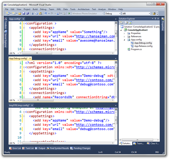 An app.config file, the transform file, and the result in three panes