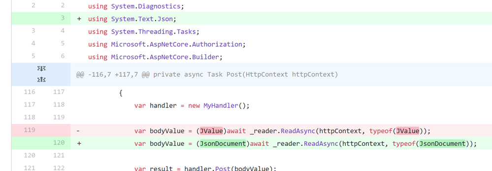 A diff of code shows that just one line is changed to move JSON serializers A diff of code shows that just one line is changed to move JSON serializers