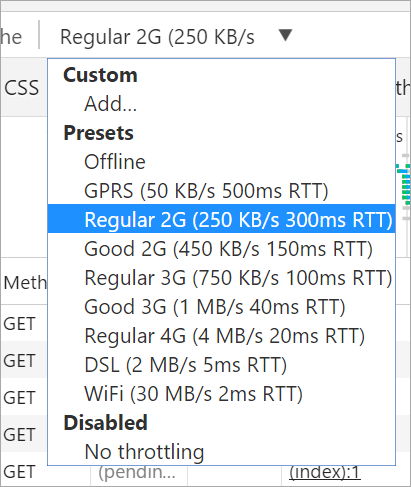 Selecting lower bandwidth in Google Chrome F12 Tools