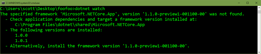 dotnet watch says "specified framework not found"