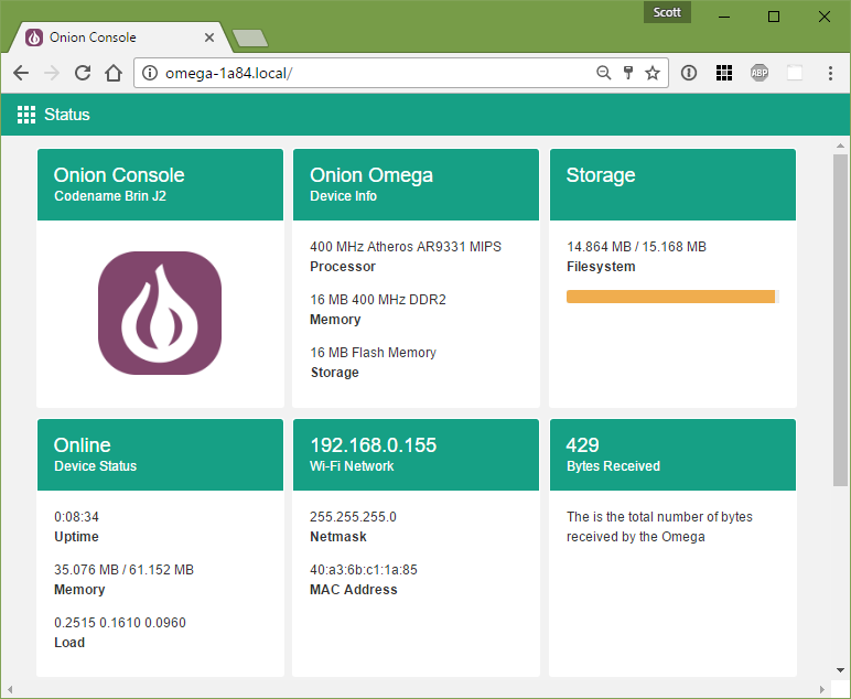 Look at all the info about the Omega's memory, networking, device status, and more