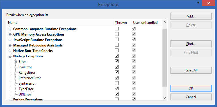 Managing Exceptions in node.js for Visual Studio Managing Exceptions in node.js for Visual Studio