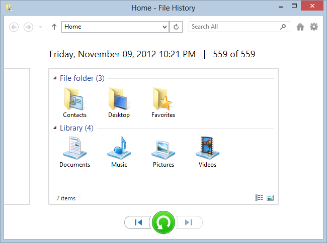 Restore File History with my files in a scrolling calendar