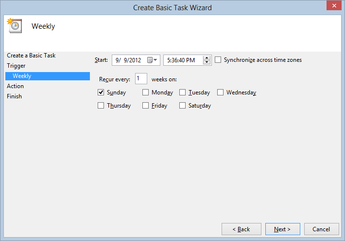 Create Basic Task Wizard - Setting time