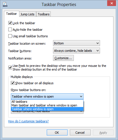 Multiple Monitor Taskbars in Taskbar Properties