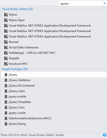 jQuery searched for in the main Visual Studio CTRL-Q Quick search box