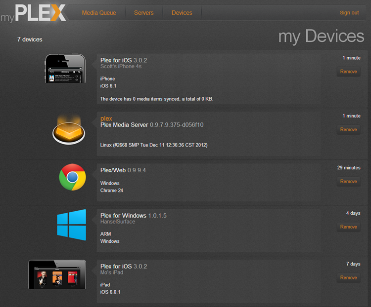 Plex has a list of devices atached