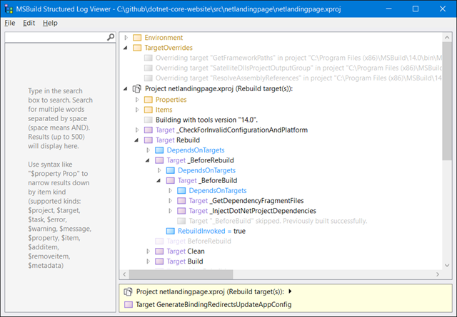 MSBuild Log visualized as a tree view