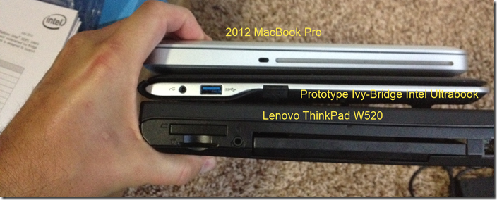 Stacking the Ultrabook next to a MacBook Pro and Lenovo W520 to compare thickness. 