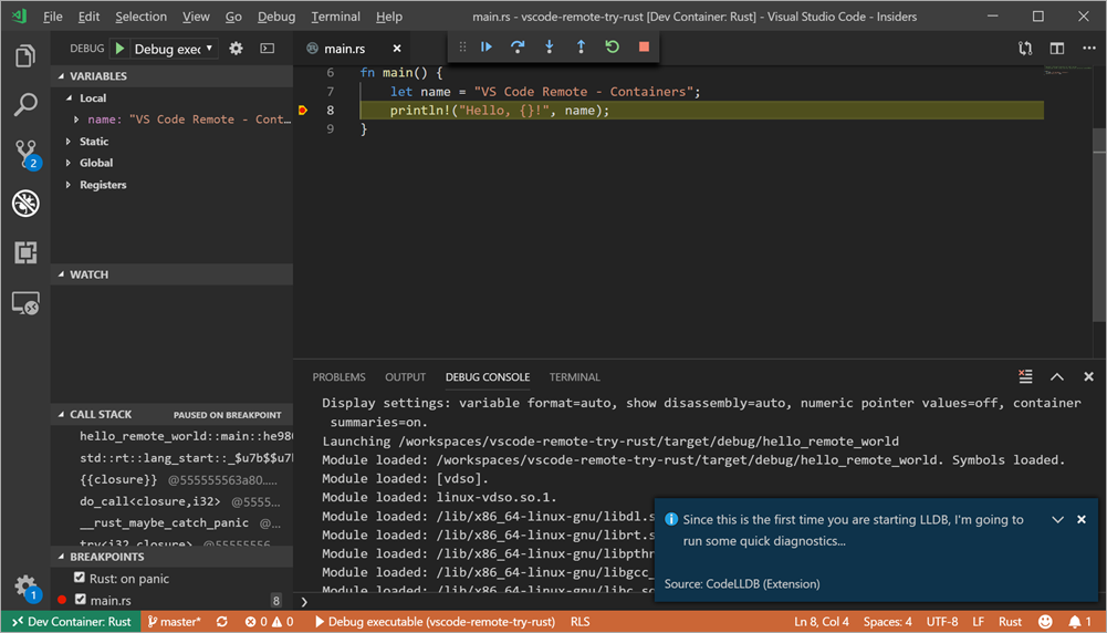 Debugging in VS Code a Rust app within a DevContainer Debugging in VS Code a Rust app within a DevContainer