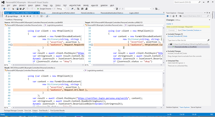 Diff/Merge Conflict within Visual Studio with Git Support.