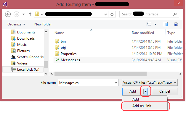 Adding source code as a Link within Visual Studio