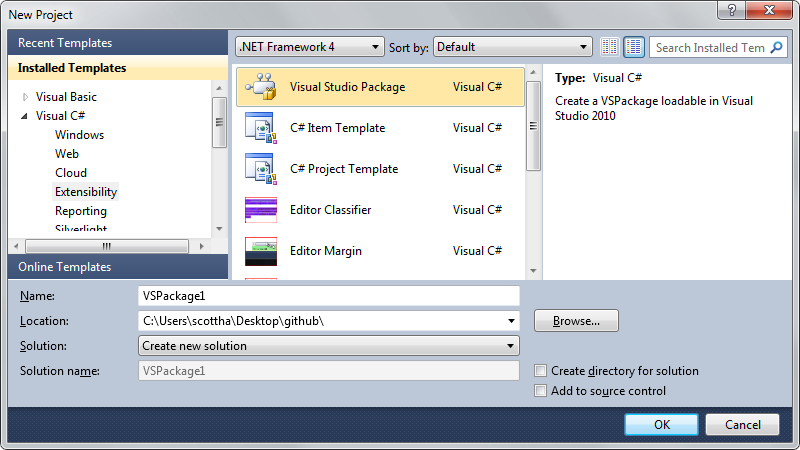 File | New Project | Visual Studio Package