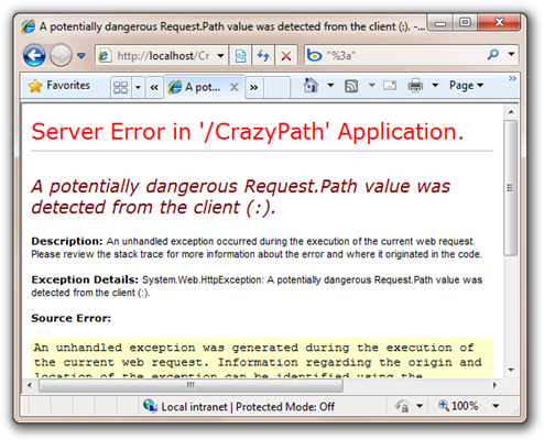 A potentially dangerous  Request.Path value was detected from the client (). - Windows Internet  Explorer