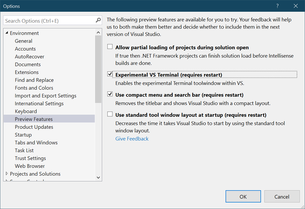 Tools > Options > Preview Features, enable the Experimental VS Terminal option and restart Visual Studio. Tools > Options > Preview Features, enable the Experimental VS Terminal option and restart Visual Studio.