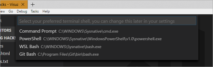 Select Default Shell in Visual Studio Code