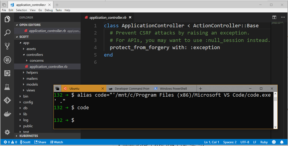 Editing a Rails app on Linux on Windows 10 with VS Code
