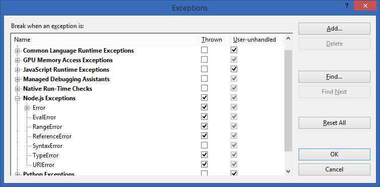 Managing Exceptions in node.js for Visual Studio