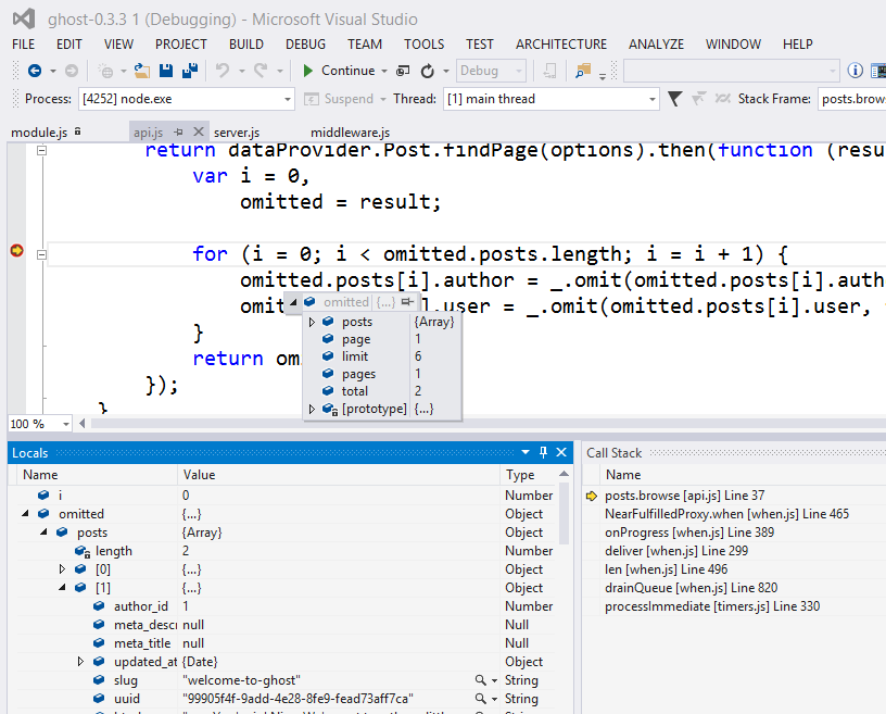 Debugging Session of Ghost in VS with Node Tools for Visual Studio