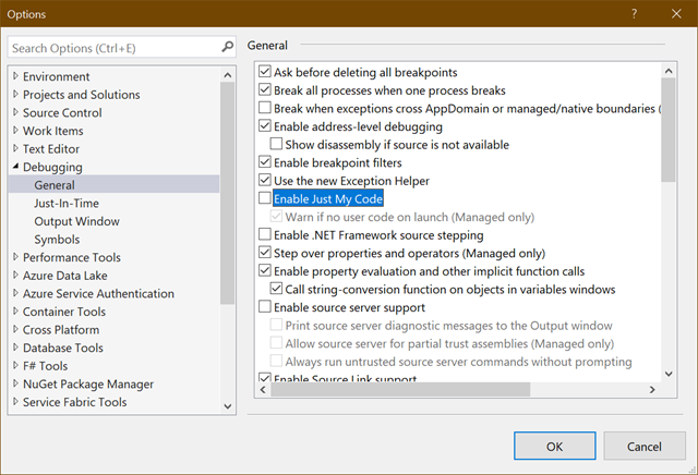 Disable Just My Code Disable Just My Code