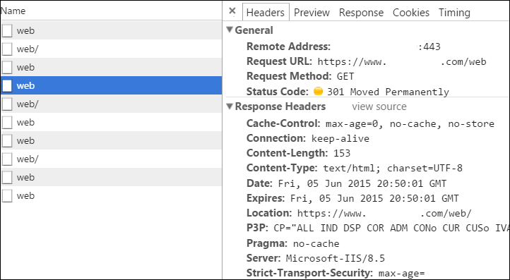 A redirect loop builds up in the Chrome Developer Tools