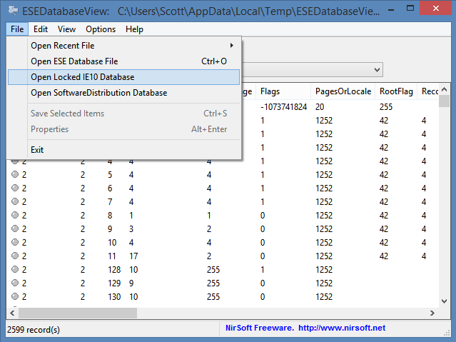 NirSoft's ESEDatabaseView NirSoft's ESEDatabaseView
