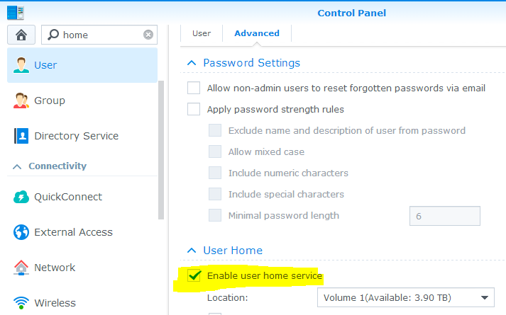 Enable user home service
