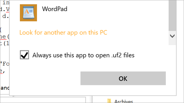 Selecting a custom app for UF2 files Selecting a custom app for UF2 files