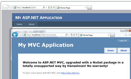 WebForms and MVC together in the same app, shown in the browser